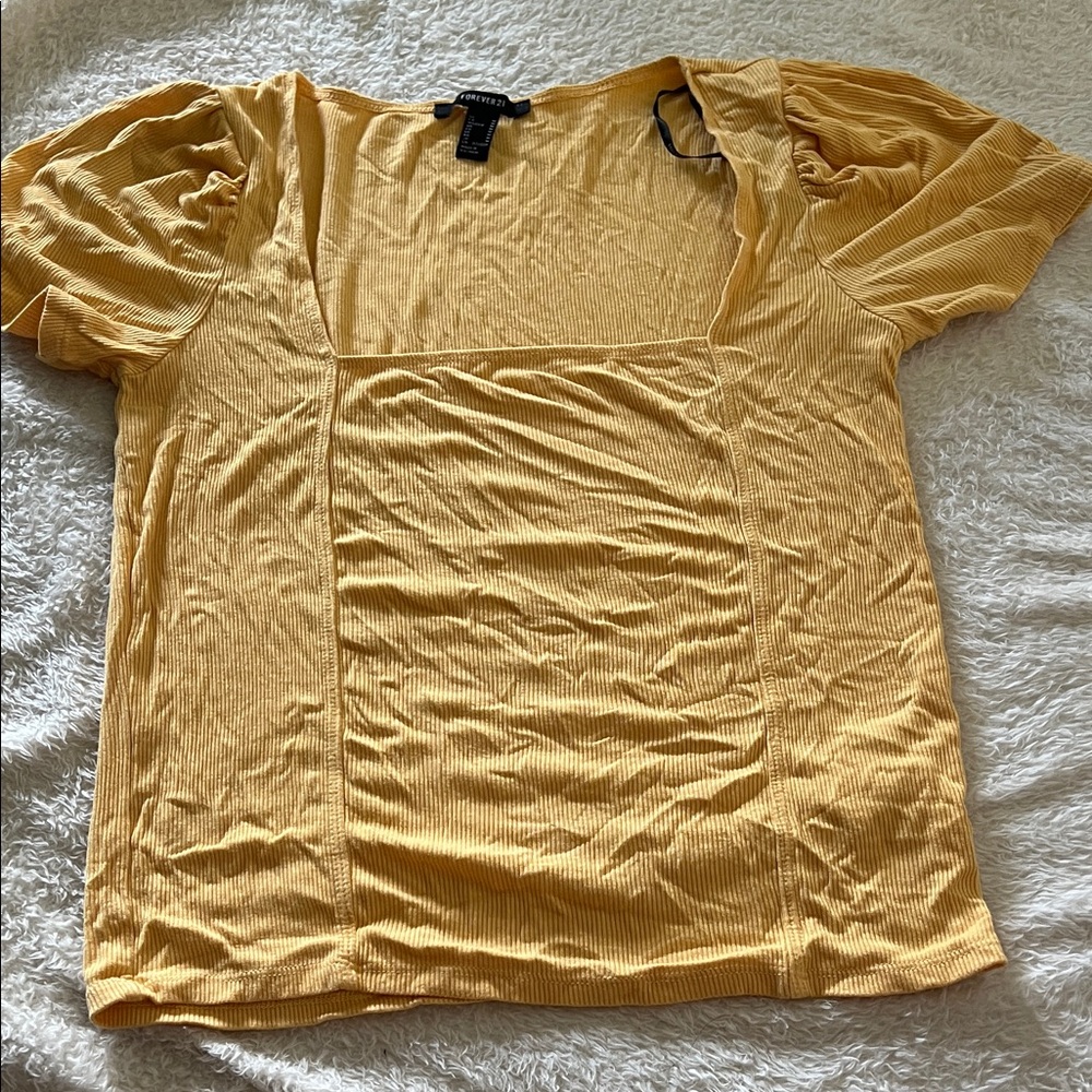 Forever 21 Mustard Ribbed Puff Sleeve Top